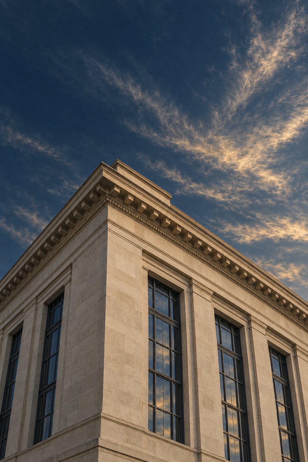 The stone cornice of a classical institutional building against a deep blue evening sky