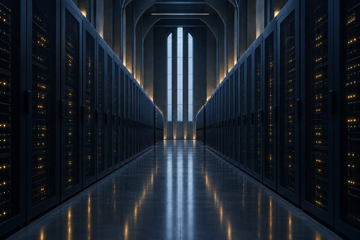 A quiet, orderly data centre aisle lit in deep blue with warm indicator lights